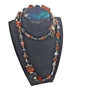 Vintage Lucite Statement Necklace Chunky Root Beer Black Beaded Gold Tone 34"